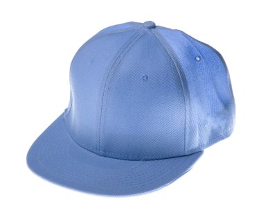 beyaz zemin üzerine mavi beyzbol şapkası.