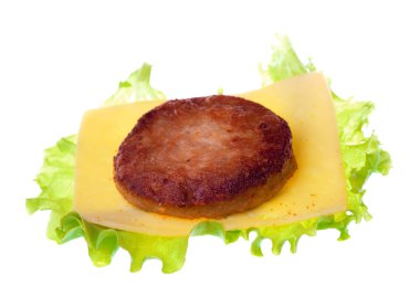Patty, peynir, marul bitki, üzerinde beyaz adam izole domates