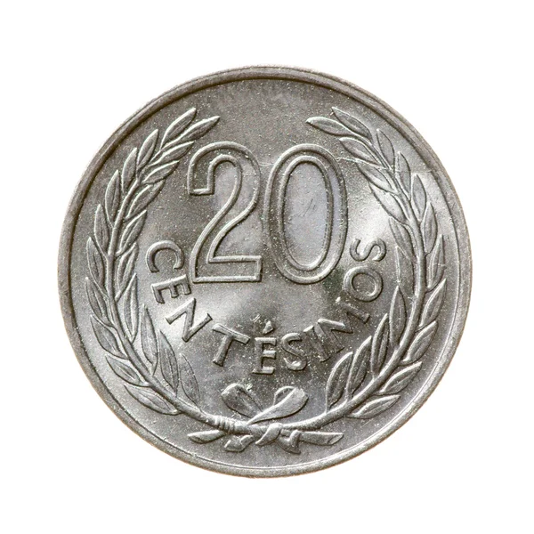 Coin. twenty centimes Republic of Uruguay isolated on a white b — Stock Photo, Image