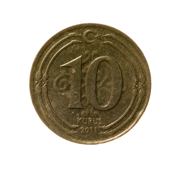 Монета десяти Курус Туреччини ізольовані на білому тлі. вид зверху — стокове фото