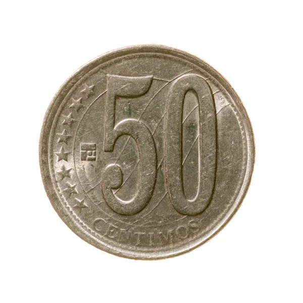 Moeda de cinquenta centavo Bolívia isolado em fundo branco. topo vi — Fotografia de Stock