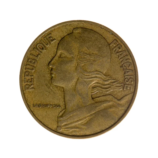 Mynt 20 centimes Frankrike isolerad på en vit bakgrund. topp — Stockfoto