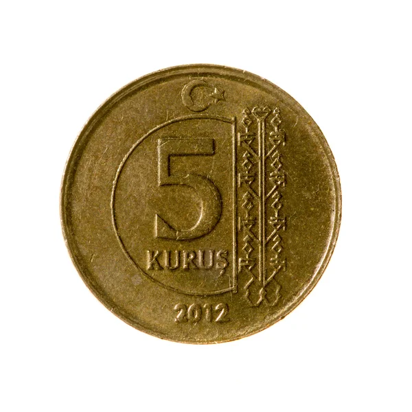 Turquía kurush moneda cinco aislado sobre fondo blanco. vista superior . — Foto de Stock