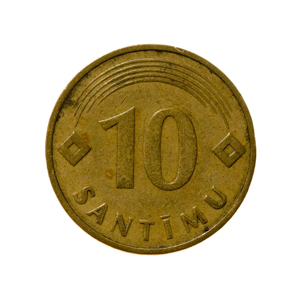Pièce dix centimes Lettonie isolé sur fond blanc. vue de dessus — Photo