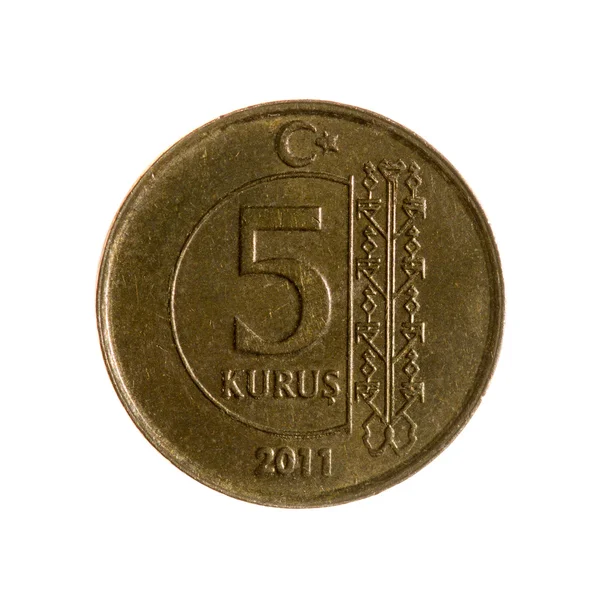 Turkey kurush coin five isolated on white   background. top vie — Stock Photo, Image