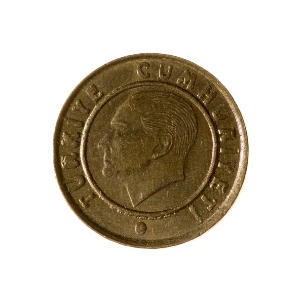 Turquia moeda kurush cinco isolado no fundo branco. superior vie — Fotografia de Stock