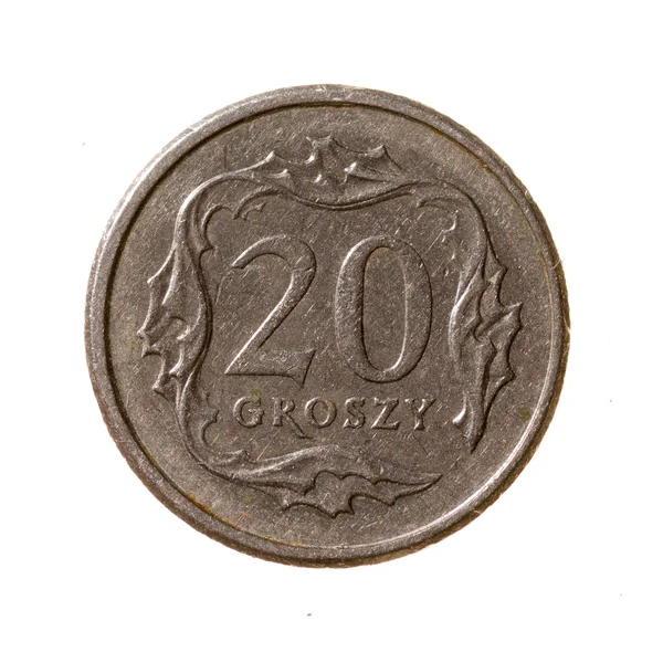 폴란드 동전 20 페니 흰색 배경에 고립. 맨 위로 — 스톡 사진