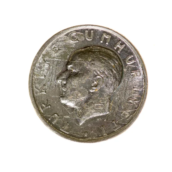 Una lira moneta Turchia isolato su uno sfondo bianco. vista dall'alto . — Foto Stock