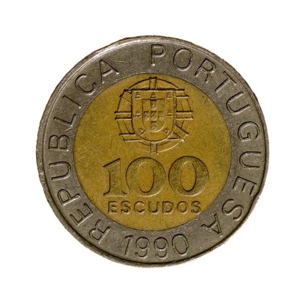 포르투갈 100 에스쿠도 동전에 고립 된 흰색 배경. 맨 위로 — 스톡 사진