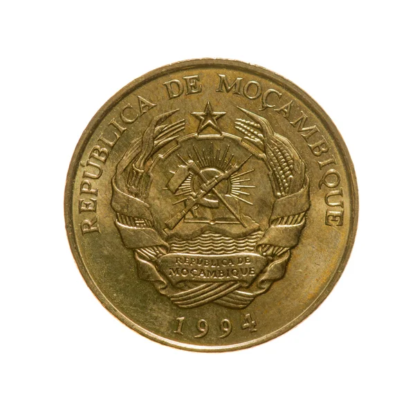 Mozambique Meticais diez monedas aisladas sobre fondo blanco. arriba Imagen De Stock