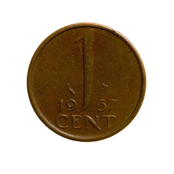 Moeda de um cêntimo dos Países Baixos isolada sobre fundo branco. topo — Fotografia de Stock