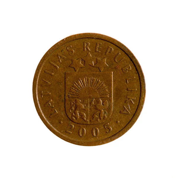 Coin one centime Latvia isolated on white background. top view. — Stock Photo, Image