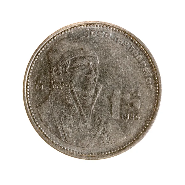 Meksyk peso moneta jeden na białym tle. widok z góry. — Zdjęcie stockowe