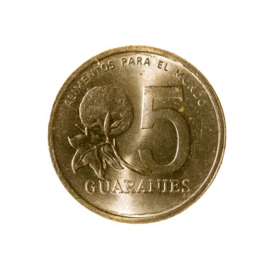 Beyaz arka plan üzerinde izole Paraguay sikke beş Guarani. Sayfanın Üstü