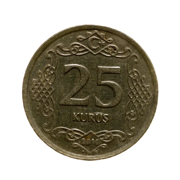 Veinticinco monedas kurush Turquía aislado sobre un fondo blanco . — Foto de Stock