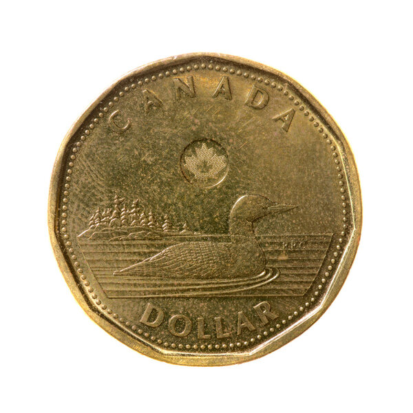 one dollar coin Canada isolated on a white background. top view
