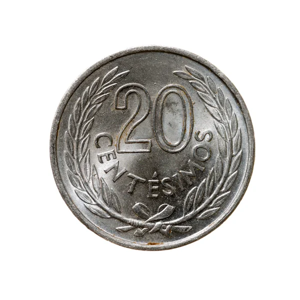 Moeda uruguaia vinte centavos isolada sobre fundo branco. superior vie — Fotografia de Stock