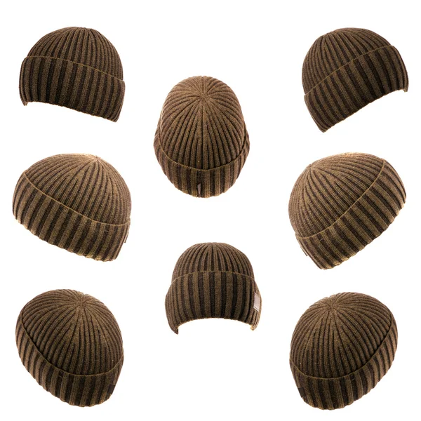 Serie di cappelli lavorati a maglia di colore marrone isolati su uno schienale bianco — Foto Stock