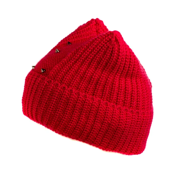 Dzianiny kapelusz na białym tle na białym tle czerwoną — Zdjęcie stockowe