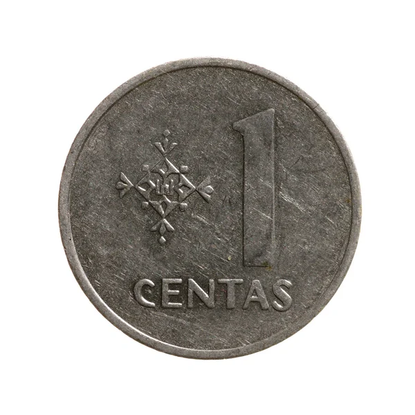 Moedas de metal um centavo Lituânia isolado no fundo branco. topo — Fotografia de Stock