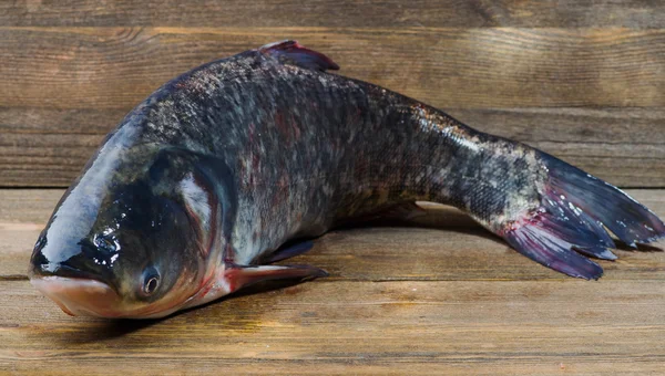 Peixe cru na mesa de madeira como fundo — Fotografia de Stock