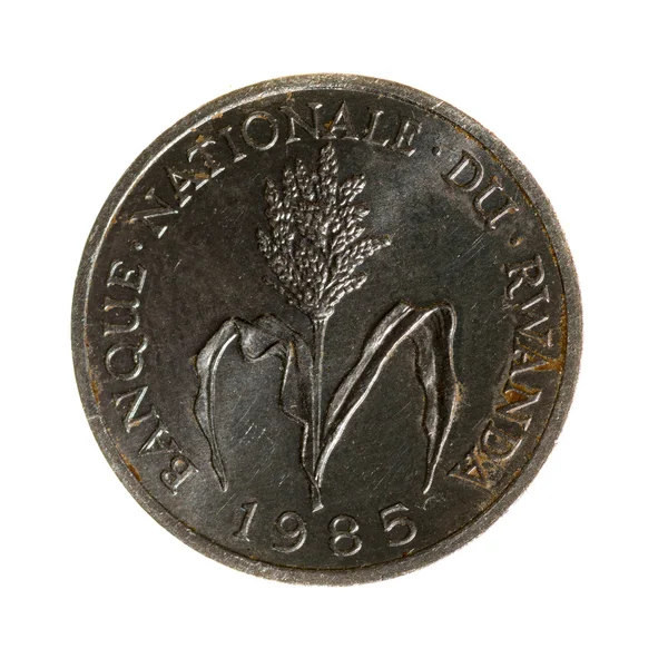 Moedas de metal um franco Ruanda isolado no fundo branco — Fotografia de Stock