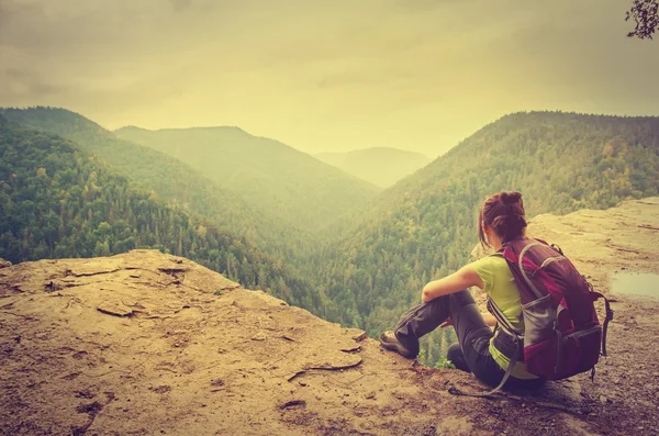 Un turista en el precipicio con montañas en el fondo en estilo vintage . Imagen De Stock