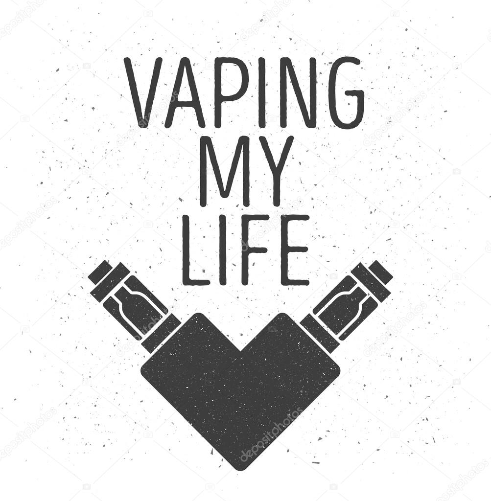 Logo or emblem of two electronic cigarettes in the form of heart, with an inscription a vaping my life