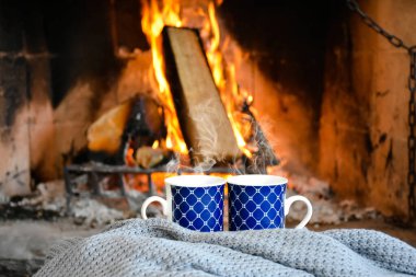 İki kupa çay ya da kahve, köy evinde, rahat ve solucanlı şöminenin önünde. Kış ya da sonbahar (sonbahar) tatili. 