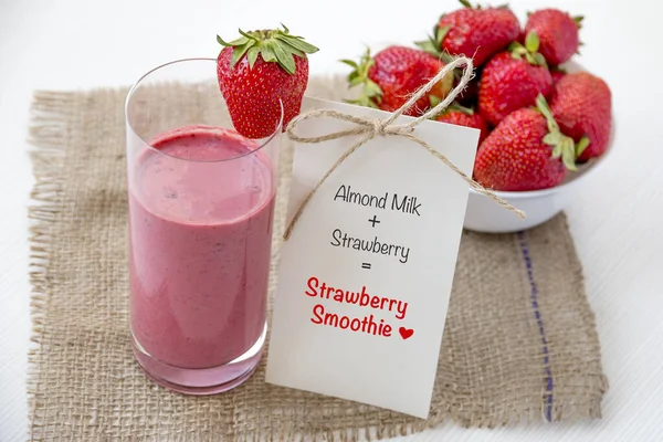 Pecipe Strawberry Smoothie Glass Strawberry Smoothie Berry Burlap Background — Φωτογραφία Αρχείου