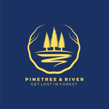 Nehir ağacı vintage logo vektör çizimi, çam ağacı ve nehir