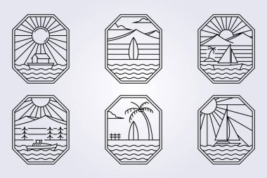 Çizgi sanat sörfü, açık okyanus dağ logosu çizimi yelken teknesi deresi nehir simgesi sembolü