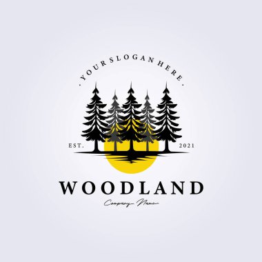 Çam, Evergreen, Rustic Woodland logosu Eski köknar, baldıran otu, ladin, kozalak, sedir, kozalak, selvi, tarla ağacı, iğne ağacı logo illüstrasyon simgesi arka plan simgesi tasarımı
