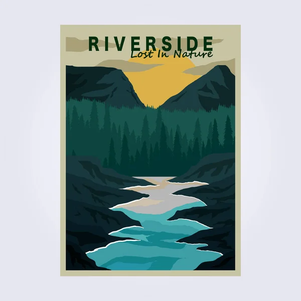 Gipfel Flussufer Berg Vintage Poster Vektor Klassische Illustration Design Wasser — Stockvektor