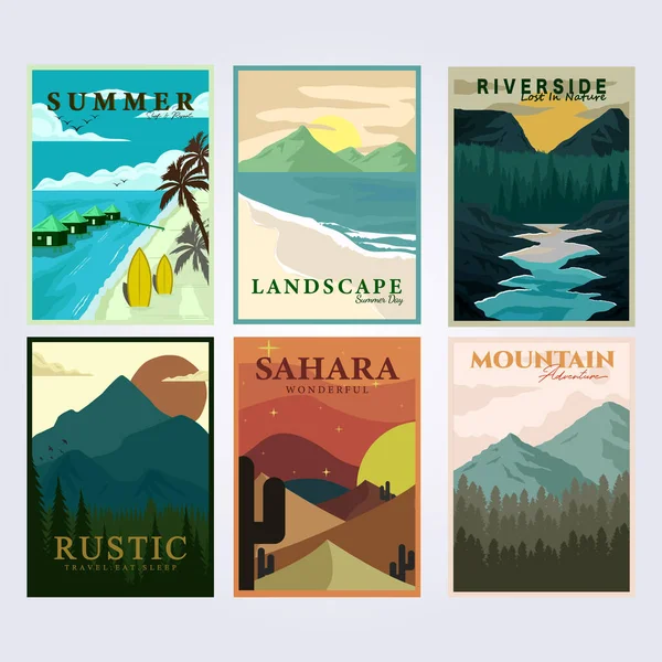 Set Bündel Nationalpark Tourismus Jahrgang Plakat Klassische Vektor Illustration Design — Stockvektor