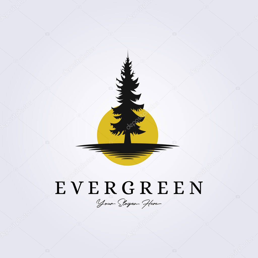 Pine, evergreen, Rustic woodland logo Vintage retro fir, hemlock, spruce, conifer, cedar, coniferous, cypress, larch, pinus trees logo vector illustration icon symbol background label template design