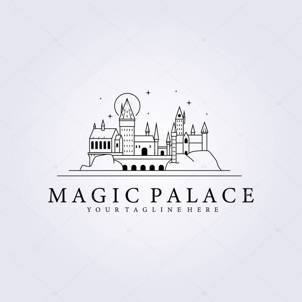 line classic hogwarts castle logo vector illustration design icon t-shirt print background linear art monoline