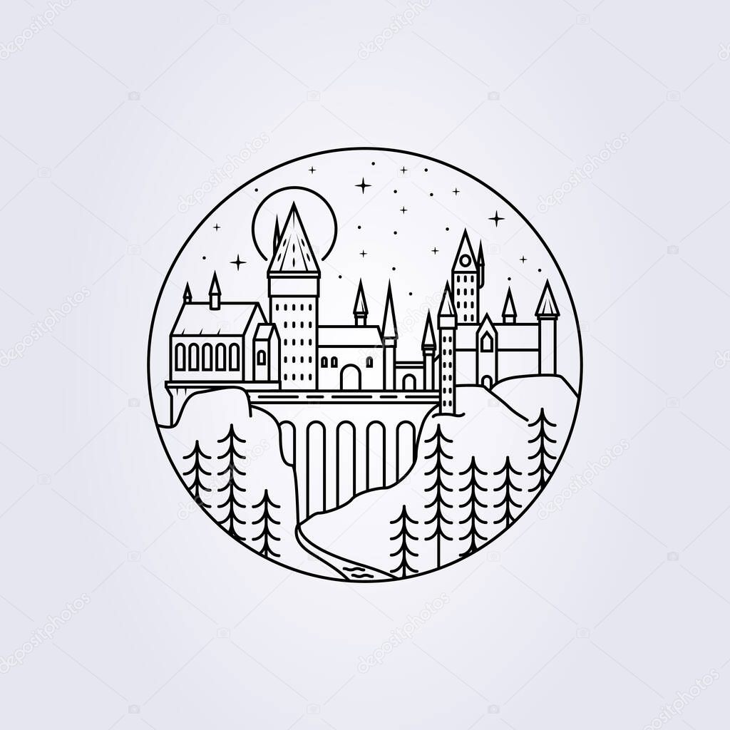 Line art hogwarts castle illustration vector icon logo print apparel t-shirt harry potter