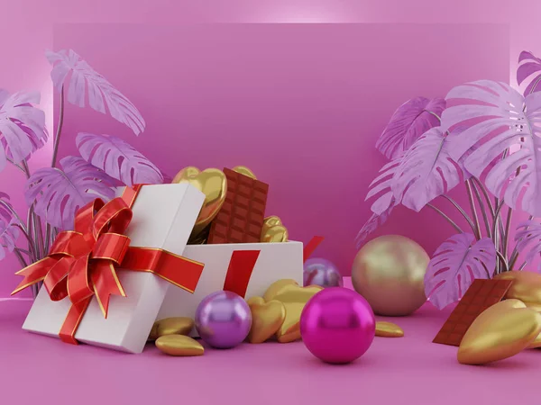 Soyut üç boyutlu geometrik hediye kutusu açık balon kalp