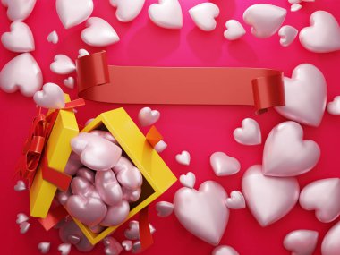 Hediye kutusu beyaz kalp ve kutunun ortasında boş kırmızı kurdele alanı var. 3B Hazırlama