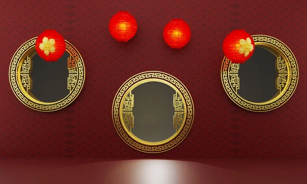 Kırmızı arka planda şemsiyeler ve kırmızı fenerlerle süslenmiş üç altın kapı.