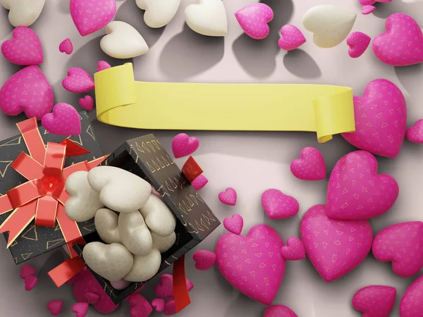 Kalp ve çikolata kutusu. Ortasında boş sarı kurdele alanı var. 3B Hazırlama