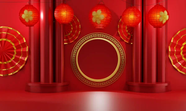Kırmızı fenerlerle süslenmiş Çin altın kapısı ve kırmızı arka planda kırmızı şemsiye ve üç kırmızı sütun