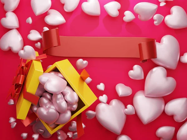 Hediye kutusu beyaz kalp ve kutunun ortasında boş kırmızı kurdele alanı var. 3B Hazırlama