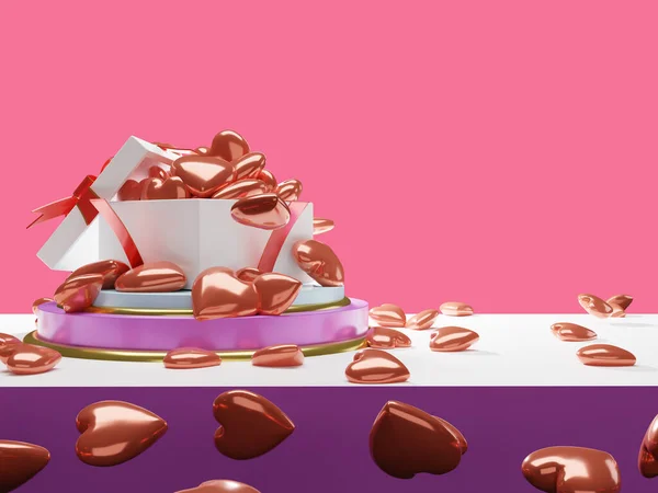 Caixa Presente Coração Balão Aberto Flutuante Rosa Fundo Amor — Fotografia de Stock
