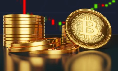 Bir kripto para biriminin büyüyen ve azalan değerinin grafiği olan madeni paraların üzerindeki altın bitsikkeler