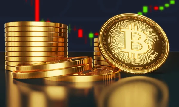 Bir kripto para biriminin büyüyen ve azalan değerinin grafiği olan madeni paraların üzerindeki altın bitsikkeler