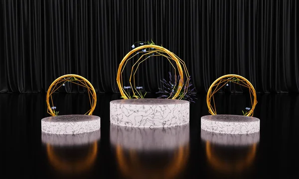 3D yuvarlak podyum, beyaz mermer üzerinde durun siyah perde arkaplan