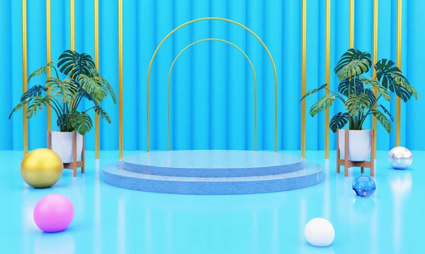 3D yuvarlak podyum, mavi perde arkaplanının mavi zemininde dur