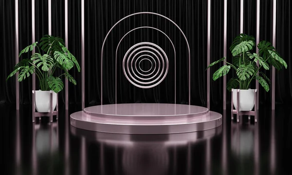 Lüks gümüş mermer daire, blok, kare podyum yeşil yapraklar siyah perde arka planında